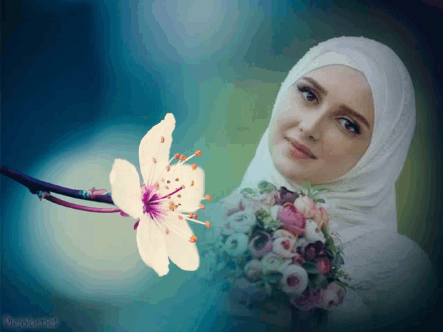 a woman in a hijab holds a bouquet of flowers