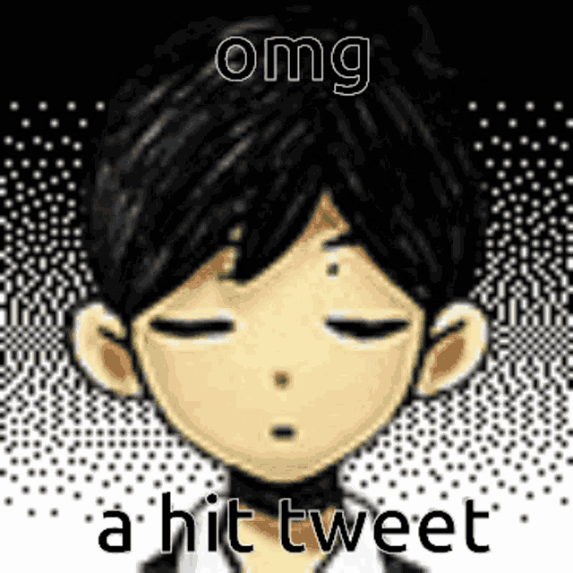 a cartoon of a boy with his eyes closed and the words `` omg a hit tweet '' below him .