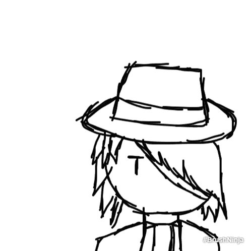 a black and white drawing of a person wearing a fedora