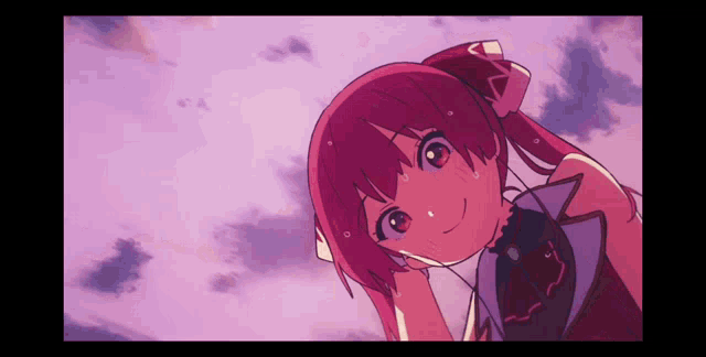 a girl with red hair is wearing headphones and smiling in front of a cloudy sky