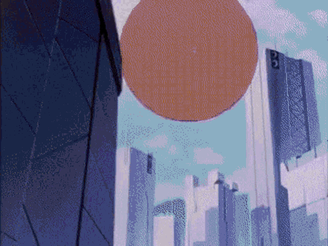 a cityscape with a large orange circle in the middle of it