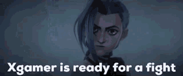 a cartoon girl with purple hair is ready for a fight .