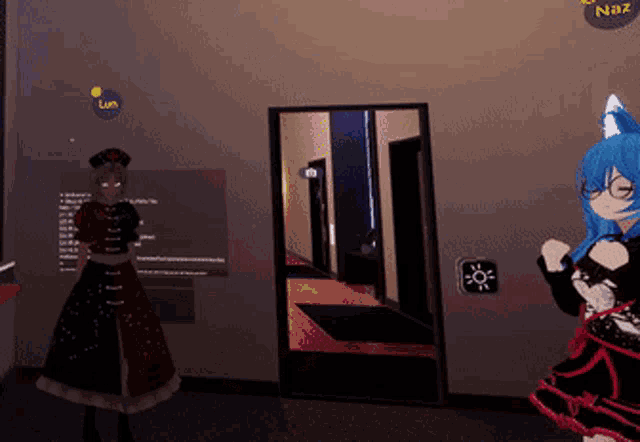 two anime characters are standing in front of a door with the word lun on the wall