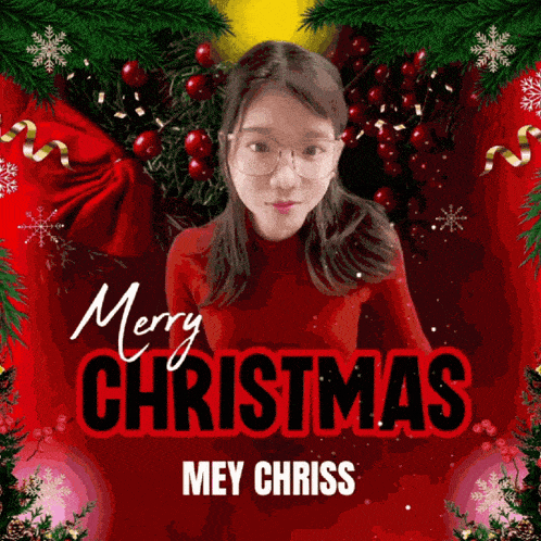 a merry christmas greeting card with a girl in a red sweater
