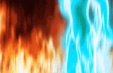 a painting of a fire and a blue water background