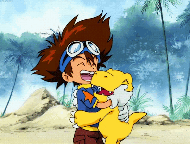 a cartoon of a boy holding a yellow dinosaur with a star on his shirt