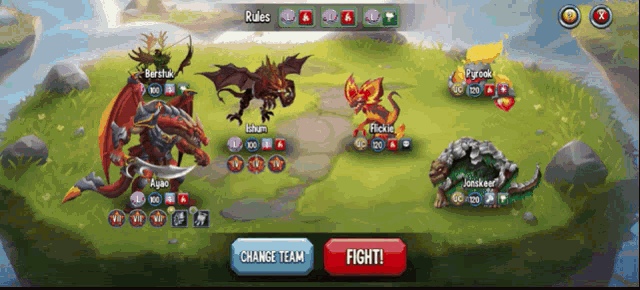 a screenshot of a video game with a button that says fight