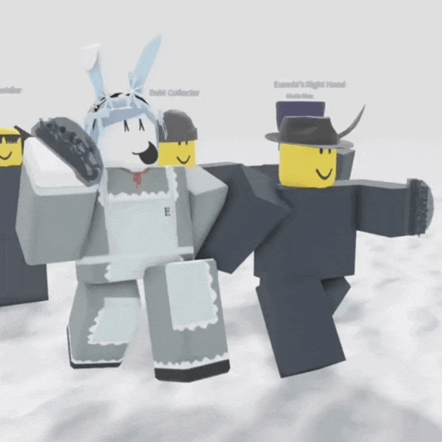 a group of roblox characters are standing in a snowy area and one of them has the letters e on her outfit