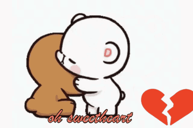 a brown and white teddy bear kissing each other with a red heart in the background .