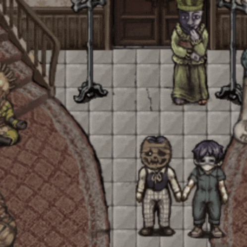a cartoon drawing of a man and a boy holding hands in front of a staircase