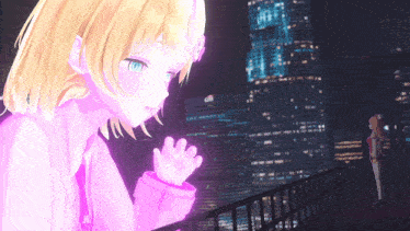 two anime girls are standing on a balcony looking at a city skyline at night