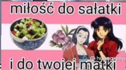a couple of anime girls are standing next to each other next to a bowl of salad .