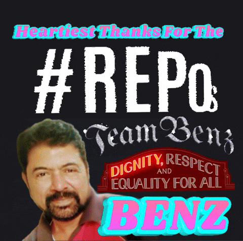 a man with a beard stands in front of a sign that says #repost team benz dignity respect and equality for all benz