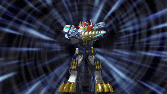 a robot with a red head and horns is surrounded by blue light