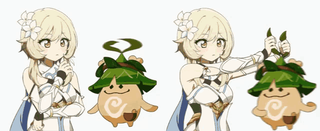 a girl with a flower in her hair is holding a leaf in her hands