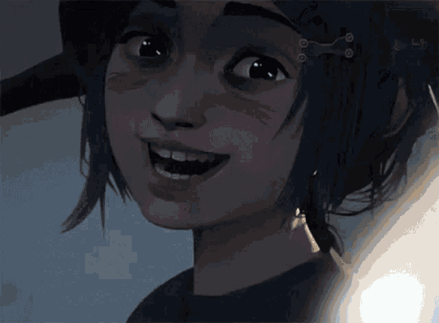 a close up of a cartoon character with blue hair and pink cheeks smiling .