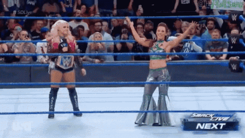 two women are standing in a wrestling ring with a sign that says next on it