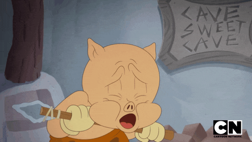 a cartoon pig is crying in front of a sign that says < cave sweet cave >