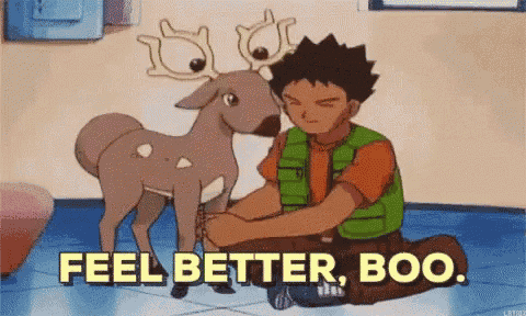 a cartoon character is kneeling down next to a stuffed deer and the words feel better boo