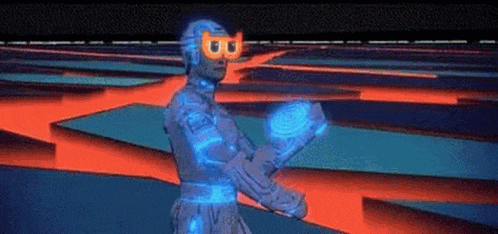 a man in a futuristic suit is wearing a pair of 3d glasses and holding a light .