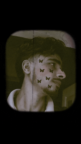 a man with butterflies on his face has a beard