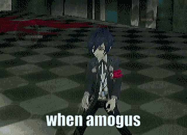 a pixelated image of a person playing a piano with the caption " when amogus "