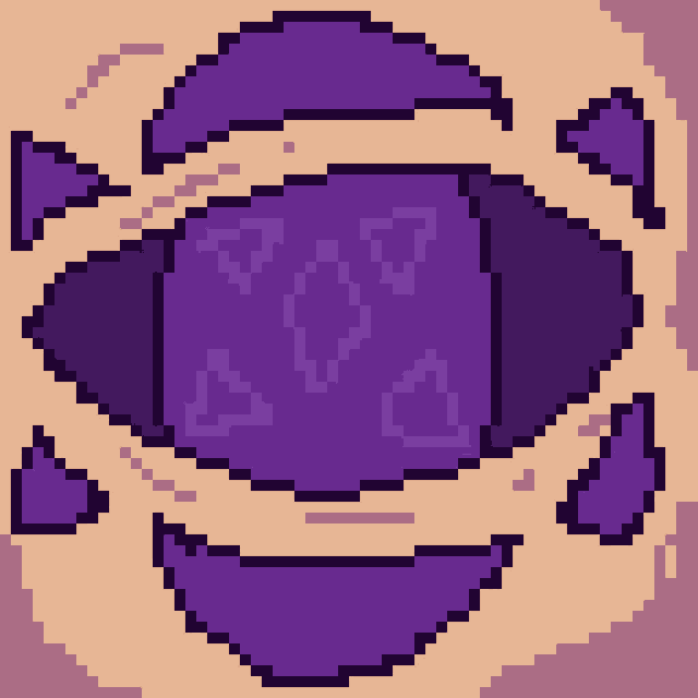 a pixel art drawing of a purple cube with hearts on it