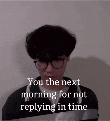 a man wearing glasses and a black shirt with the words you the next morning for not replying in time