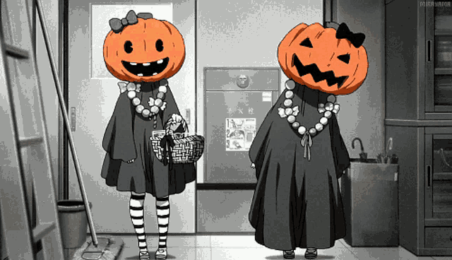 two girls with pumpkins on their heads are standing in a hallway