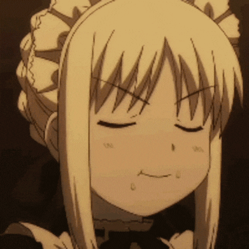a close up of a blonde anime girl with her eyes closed