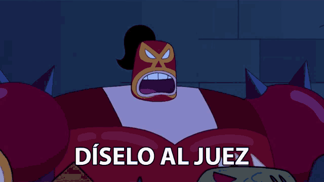 a cartoon character with a mask and the words diselo al juez on the bottom