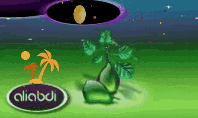 a cartoon drawing of a palm tree and a plant with the word aliabadi in the corner