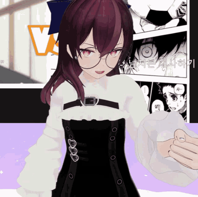 a girl with purple hair and glasses is standing in front of a comic book page