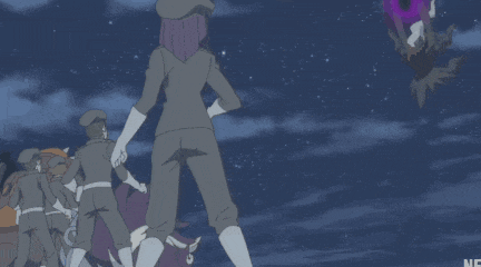a group of people are standing in front of a purple planet .
