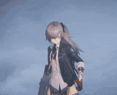 a girl in a suit is holding a gun with a sticker that says ' sniper ' on it