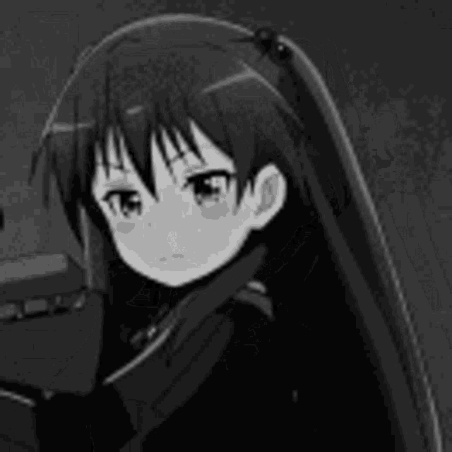 a black and white photo of a anime girl holding a gun .
