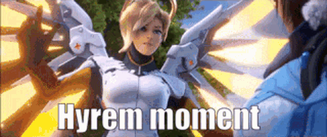 a woman in a white suit with wings is standing next to a man in a blue jacket with the words hyrem moment written on it