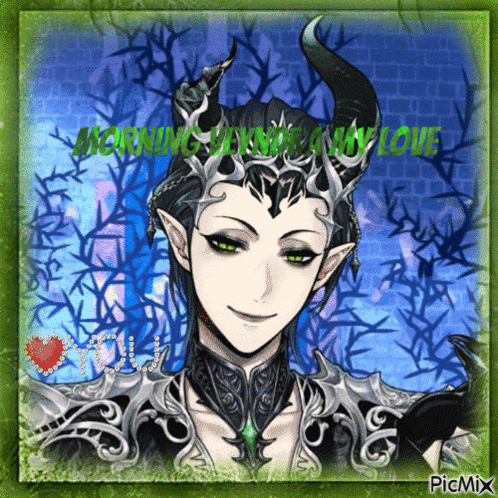 a picture of a devil with horns and the words morning my love on the bottom