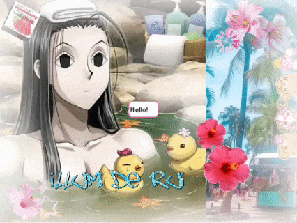 a picture of a girl in a bathtub with a rubber duck and the words hello on the bottom
