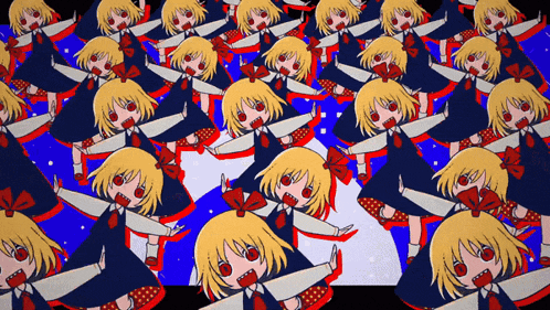a bunch of anime characters with red eyes and red bows