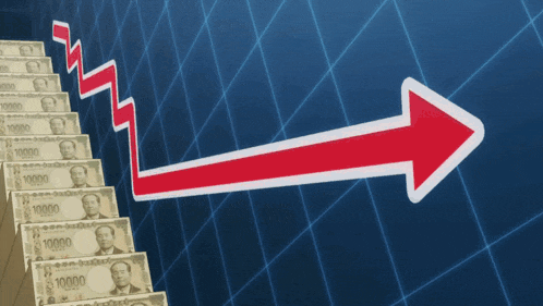 a graph with a red arrow pointing upwards with a stack of 10000 bills on the bottom