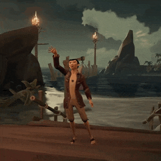 a naked man in a pirate outfit is standing on a dock with his arms outstretched