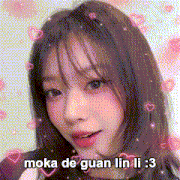 a close up of a girl 's face with the words moka de guan lin li