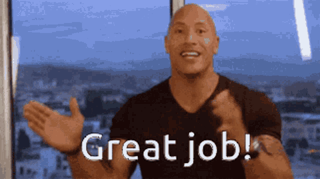a bald man in a black shirt is saying " great job "