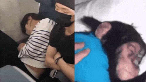 a man wearing a mask is sleeping next to a dog