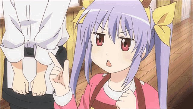 a girl with purple hair and yellow bows is making a face