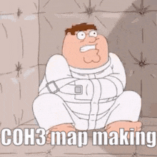 a cartoon of peter griffin in a straight jacket is sitting in a room .