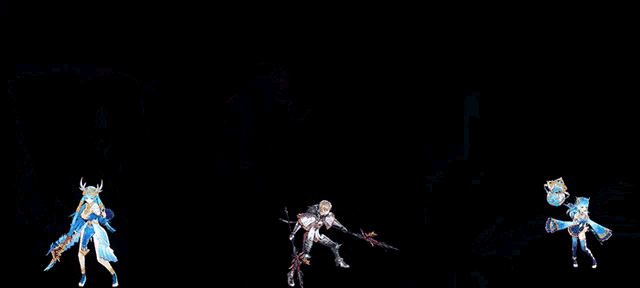 three animated images of a woman holding a sword and a dragon