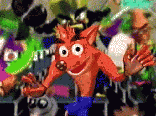 a cartoon of crash bandicoot is surrounded by other cartoon characters