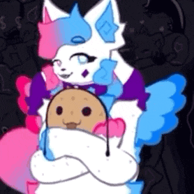 a cartoon character is holding a cookie in her arms while standing next to another cartoon character .